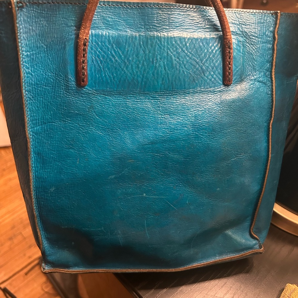Teal Leather Tote with Brown Strap - Everyday Carry - Picture 3 of 5